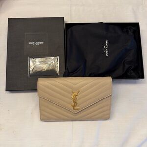 Saint Laurent Beige Quilted Leather Clutch Chain Wallet